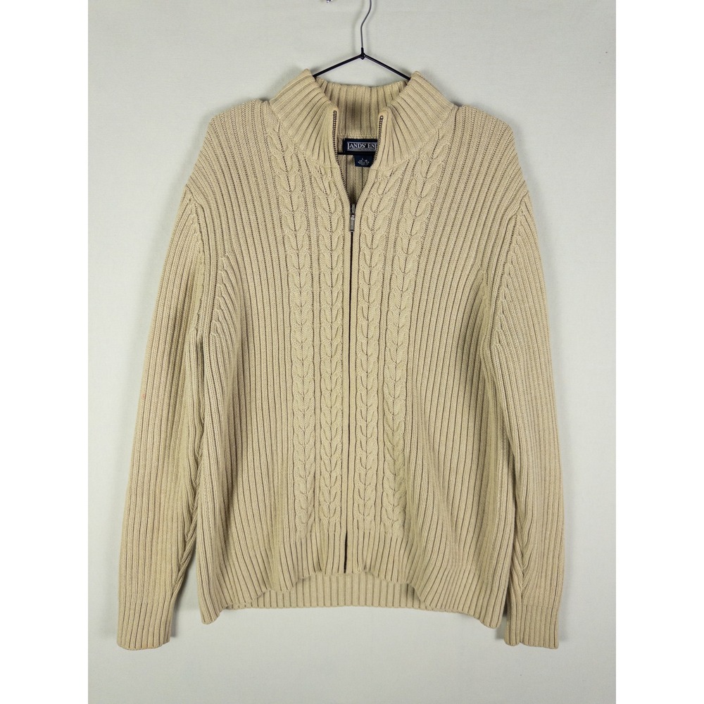 Vintage Lands End Cable Knit Full Zip Cardigan Sweater Womens L Cream Heritage C